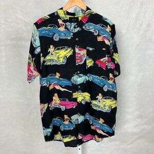 Rolla's Men's Bon Wheels Black Classic Car, Pinup Short Sleeve Camp Shirt NWT XL